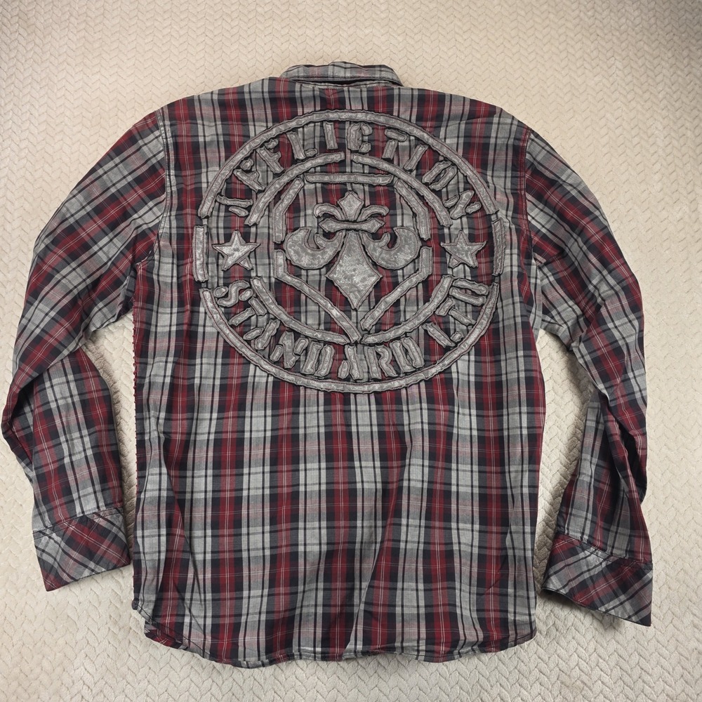 Affliction Black Premium Mens XL Plaid Button Down Shirt Back Embroidery Red - Picture 4 of 9